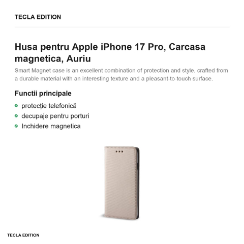 Husa Smart Magnet pentru Apple iPhone 17 Pro, tip carte cu inchidere magnetica, Auriu [1]