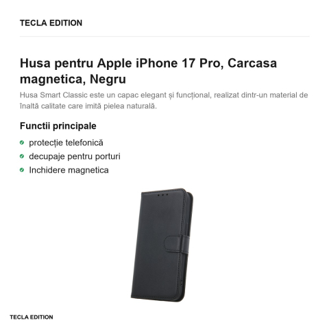 Husa Smart Classic pentru Apple iPhone 17 Pro, tip carte cu inchidere magnetica, Negru [1]