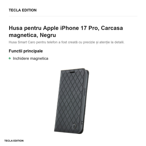 Husa Smart Caro pentru Apple iPhone 17 Pro, tip carte cu inchidere magnetica, Negru [1]