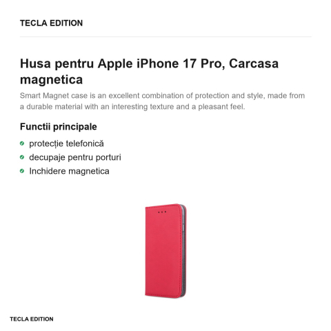 Husa Smart Magnet pentru Apple iPhone 17 Pro, tip carte cu inchidere magnetica, Rosu [1]