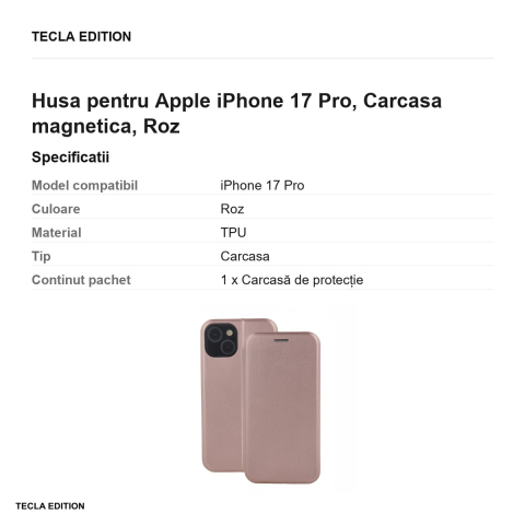Husa Smart Diva rose pentru Apple iPhone 17 Pro, tip carte cu inchidere magnetica, Roz [2]