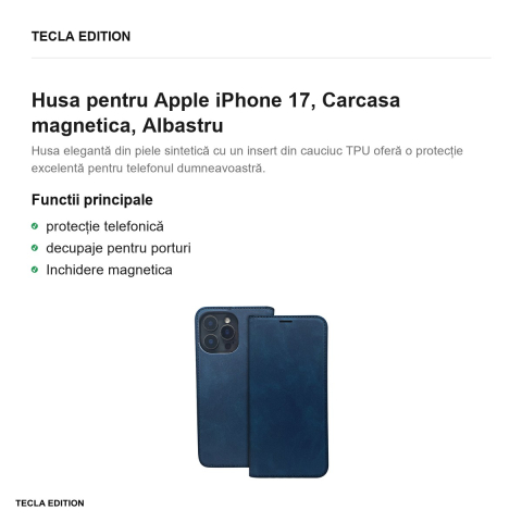 Husa Smart Suede pentru Apple iPhone 17, tip carte cu inchidere magnetica, Albastru [1]