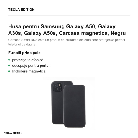 Husa Smart Diva pentru Samsung Galaxy A50, Galaxy A30s, Galaxy A50s, tip carte cu inchidere magnetica, Negru [1]