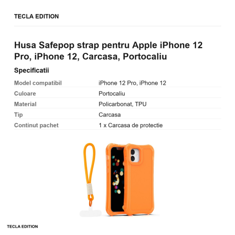 Husa Safepop strap pentru Apple iPhone 12 Pro, iPhone 12, Carcasa, Portocaliu [2]