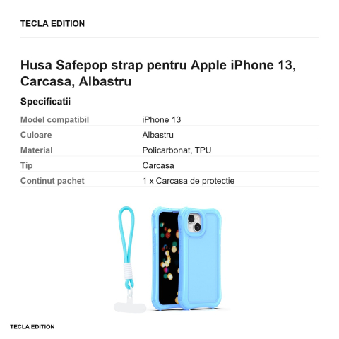 Husa Safepop strap pentru Apple iPhone 13, Carcasa, Albastru [2]