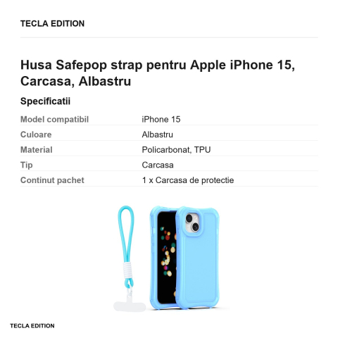 Husa Safepop strap pentru Apple iPhone 15, Carcasa, Albastru [2]