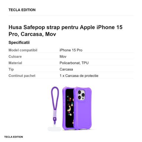 Husa Safepop strap pentru Apple iPhone 15 Pro, Carcasa, Mov [2]