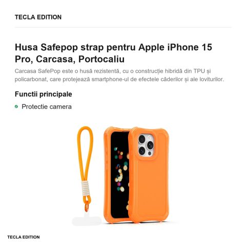 Husa Safepop strap pentru Apple iPhone 15 Pro, Carcasa, Portocaliu [1]