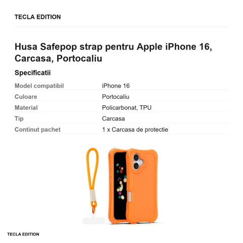 Husa Safepop strap pentru Apple iPhone 16, Carcasa, Portocaliu [2]