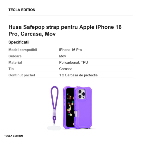 Husa Safepop strap pentru Apple iPhone 16 Pro, Carcasa, Mov [2]