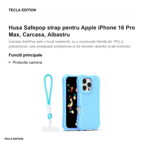 Husa Safepop strap pentru Apple iPhone 16 Pro Max, Carcasa, Albastru [1]