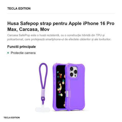 Husa Safepop strap pentru Apple iPhone 16 Pro Max, Carcasa, Mov [1]