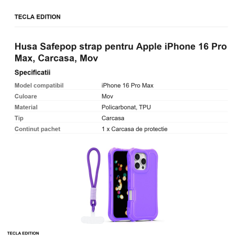 Husa Safepop strap pentru Apple iPhone 16 Pro Max, Carcasa, Mov [2]