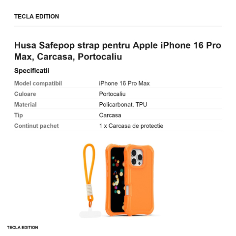 Husa Safepop strap pentru Apple iPhone 16 Pro Max, Carcasa, Portocaliu [2]