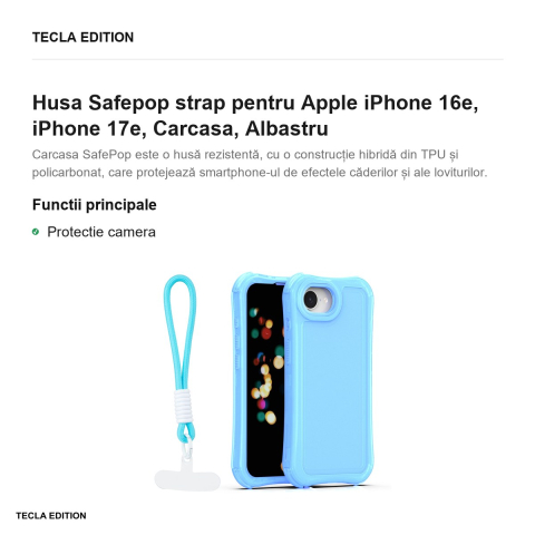 Husa Safepop strap pentru Apple iPhone 16e, iPhone 17e, Carcasa, Albastru [1]