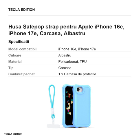 Husa Safepop strap pentru Apple iPhone 16e, iPhone 17e, Carcasa, Albastru [2]