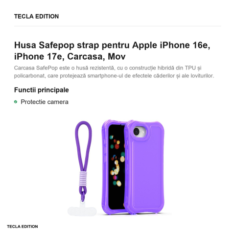 Husa Safepop strap pentru Apple iPhone 16e, iPhone 17e, Carcasa, Mov [1]