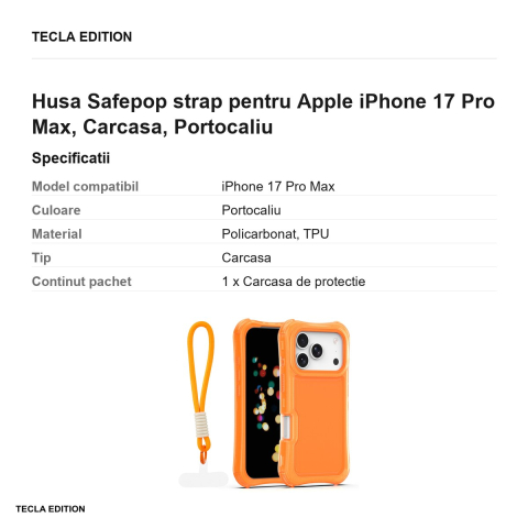 Husa Safepop strap pentru Apple iPhone 17 Pro Max, Carcasa, Portocaliu [2]