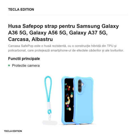 Husa Safepop strap pentru Samsung Galaxy A36 5G, Galaxy A56 5G, Galaxy A37 5G, Carcasa, Albastru [1]