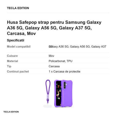 Husa Safepop strap pentru Samsung Galaxy A36 5G, Galaxy A56 5G, Galaxy A37 5G, Carcasa, Mov [2]