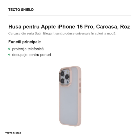 Husa Satin Elegant Matt pentru Apple iPhone 15 Pro, Carcasa, Roz [1]