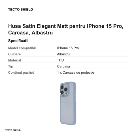 Husa Satin Elegant Matt pentru iPhone 15 Pro, Carcasa, Albastru [2]