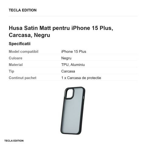Husa Satin Matt pentru iPhone 15 Plus, Carcasa, Negru [2]