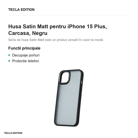 Husa Satin Matt pentru iPhone 15 Plus, Carcasa, Negru [1]