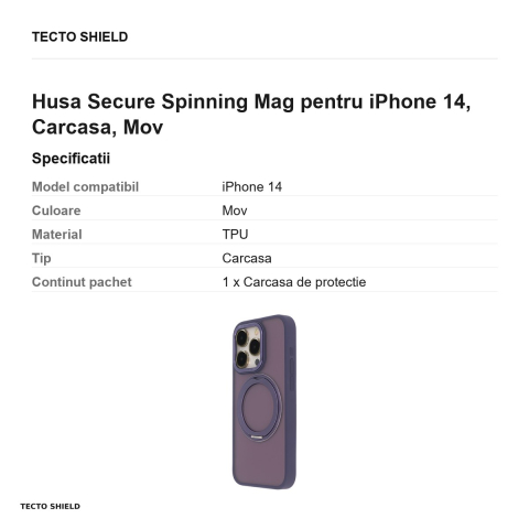 Husa Secure Spinning Mag pentru iPhone 14, Carcasa, Mov [2]