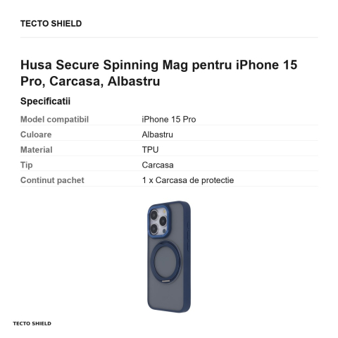 Husa Secure Spinning Mag pentru iPhone 15 Pro, Carcasa, Albastru [2]