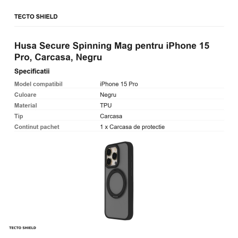 Husa Secure Spinning Mag pentru iPhone 15 Pro, Carcasa, Negru [2]