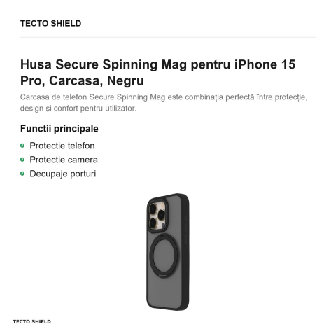 Husa Secure Spinning Mag pentru iPhone 15 Pro, Carcasa, Negru [1]