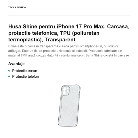 Husa Shine pentru iPhone 17 Pro Max, Carcasa, protectie telefonica, TPU (poliuretan termoplastic), Transparent [1]