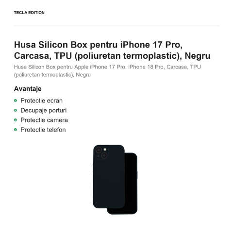 Husa Silicon Box pentru iPhone 17 Pro, Carcasa, TPU (poliuretan termoplastic), Negru [1]