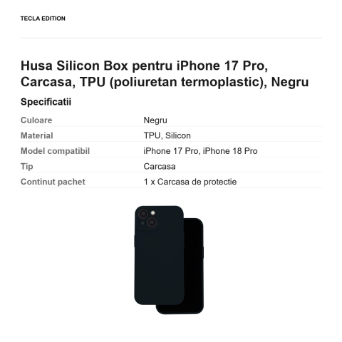 Husa Silicon Box pentru iPhone 17 Pro, Carcasa, TPU (poliuretan termoplastic), Negru [2]