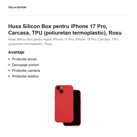 Husa Silicon Box pentru iPhone 17 Pro, Carcasa, TPU (poliuretan termoplastic), Rosu [1]