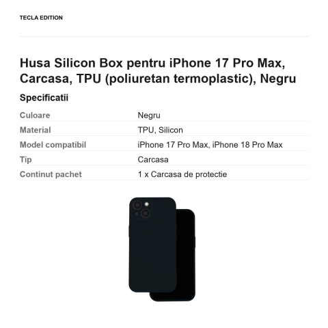 Husa Silicon Box pentru iPhone 17 Pro Max, Carcasa, TPU (poliuretan termoplastic), Negru [2]