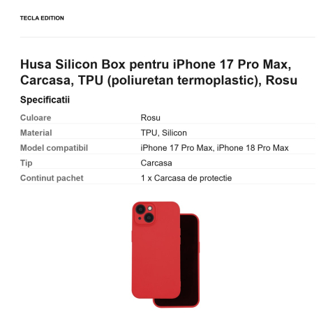 Husa Silicon Box pentru iPhone 17 Pro Max, Carcasa, TPU (poliuretan termoplastic), Rosu [2]
