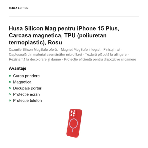 Husa Silicon Mag pentru iPhone 15 Plus, Carcasa magnetica, TPU (poliuretan termoplastic), Rosu [1]