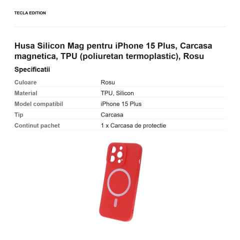 Husa Silicon Mag pentru iPhone 15 Plus, Carcasa magnetica, TPU (poliuretan termoplastic), Rosu [2]