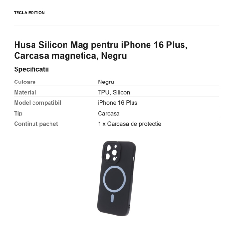Husa Silicon Mag pentru iPhone 16 Plus, Carcasa magnetica, Negru [2]
