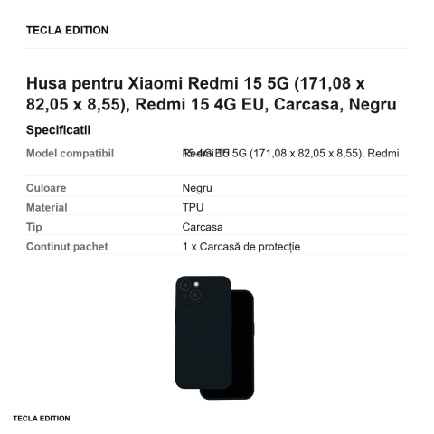 Husa Silicon pentru Xiaomi Redmi 15 5G, Redmi 15 4G EU, Carcasa, Negru [2]