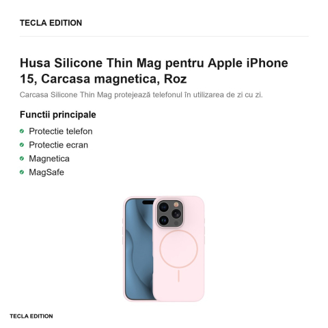 Husa Silicone Thin Mag pentru Apple iPhone 15, Carcasa magnetica, Roz [1]