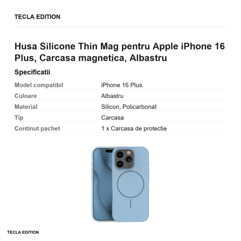 Husa Silicone Thin Mag pentru Apple iPhone 16 Plus, Carcasa magnetica, Albastru [2]