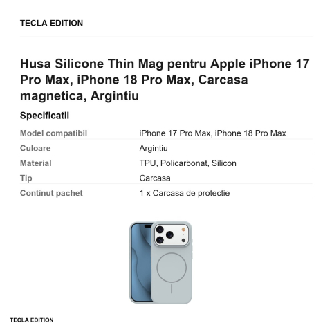 Husa Silicone Thin Mag pentru Apple iPhone 17 Pro Max, iPhone 18 Pro Max, Carcasa magnetica, Argintiu [2]