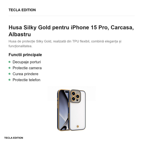 Husa Silky Gold pentru iPhone 15 Pro, Carcasa, Albastru [1]