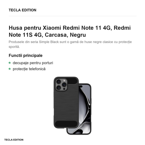 Husa Simple Black pentru Xiaomi Redmi Note 11 4G, Redmi Note 11S 4G, Carcasa, Negru [1]