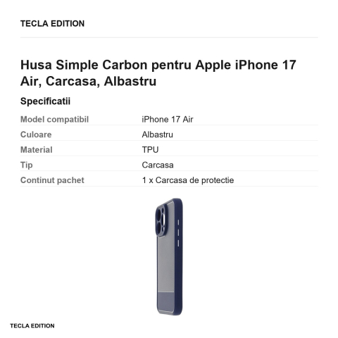 Husa Simple Carbon pentru Apple iPhone 17 Air, Carcasa, Albastru [2]
