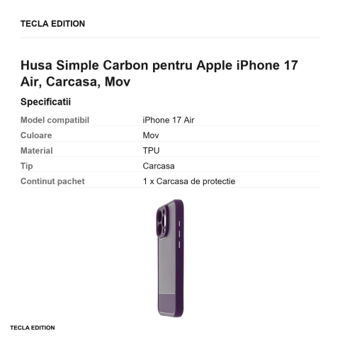 Husa Simple Carbon pentru Apple iPhone 17 Air, Carcasa, Mov [2]