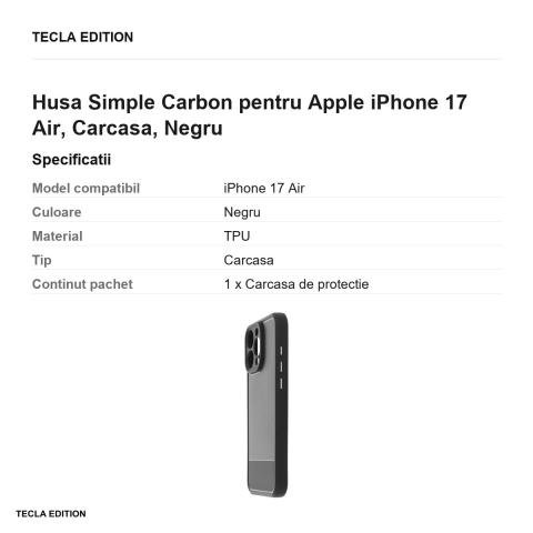 Husa Simple Carbon pentru Apple iPhone 17 Air, Carcasa, Negru [2]